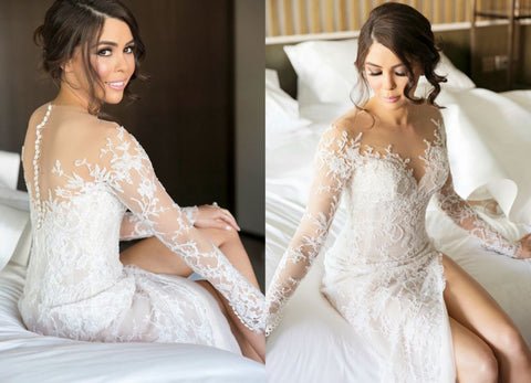 New Full Lace Split Wedding Dress Illusion Back Bridal Wears with Detachable Skirt