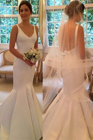 Newest Pretty Mermaid V-neck Sleeveless Simple Backless Elegant Wedding Dresses