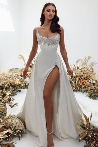 Noble square sleeveless a-line satin Wedding dress with pearls