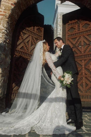 Noble vneck longsleeves mermaid lace Wedding dresses