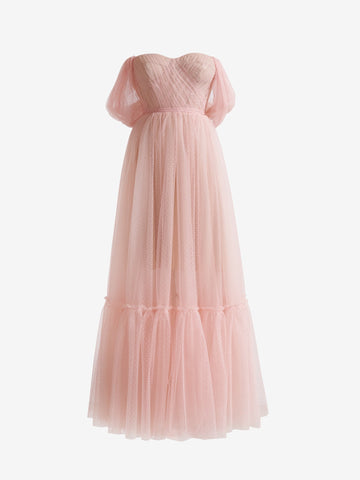 Robe de bal trapèze en tulle rose poudré, décolleté cœur, longueur thé