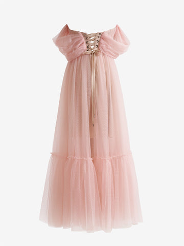 Robe de bal trapèze en tulle rose poudré, décolleté cœur, longueur thé