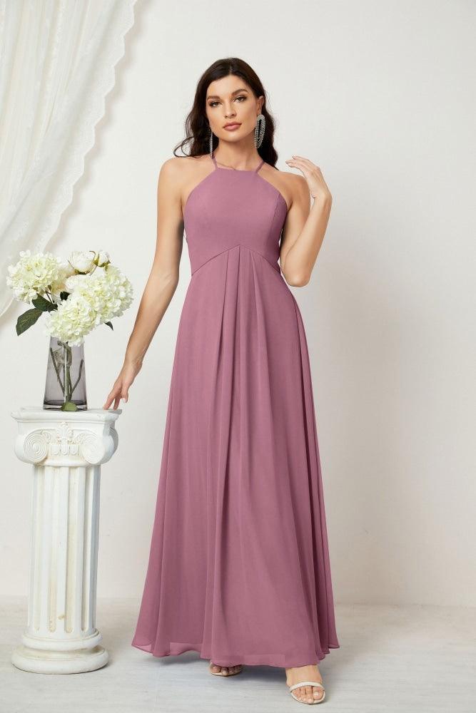 Numbersea Chiffon Halter Bridesmaid Dresses Long A-Line Formal Evening Dress 2805