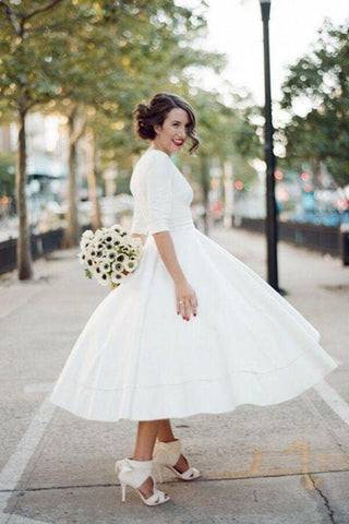 Modest A-line V-neck Half Sleeves Tea Length Taffeta Wedding Dresses, MW531