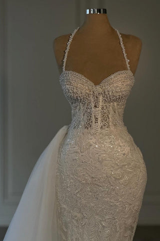 Obsessing Long Ivory Mermaid Halter Lace Beading Sleeveless Wedding Dress