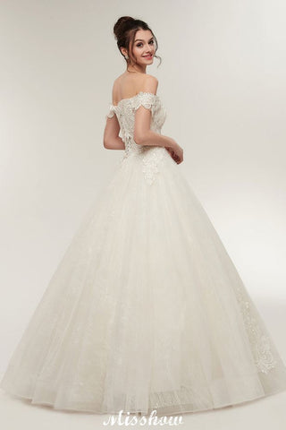 Off-shoulder Sweetheart A-line Lace-up Floor Length Lace Appliques Wedding Dresses