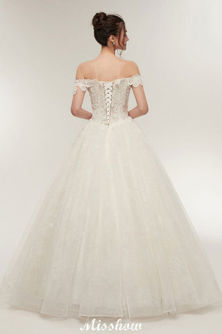 Off-shoulder Sweetheart A-line Lace-up Floor Length Lace Appliques Wedding Dresses