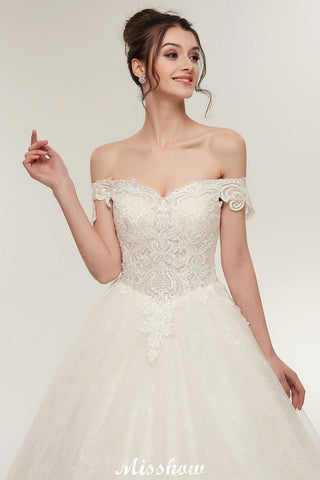 Off-shoulder Sweetheart A-line Lace-up Floor Length Lace Appliques Wedding Dresses