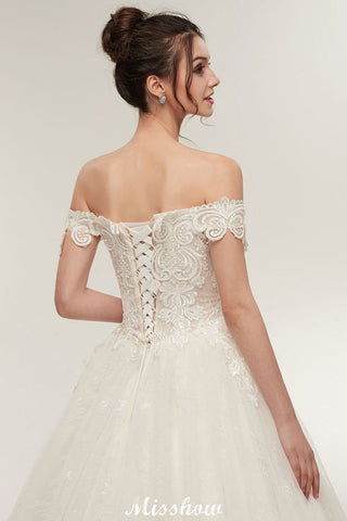 Off-shoulder Sweetheart A-line Lace-up Floor Length Lace Appliques Wedding Dresses