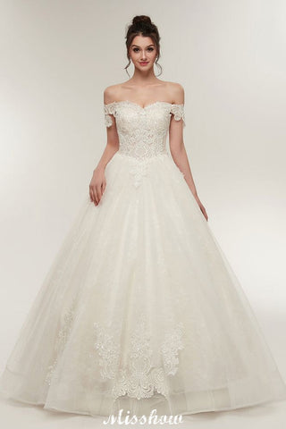 Off-shoulder Sweetheart A-line Lace-up Floor Length Lace Appliques Wedding Dresses