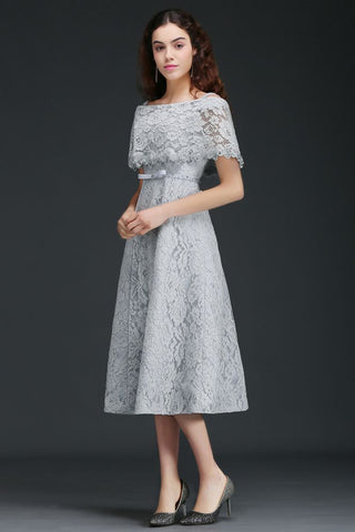 Off Shoulder Tea-Length A Line Lace Homecoming Dresses