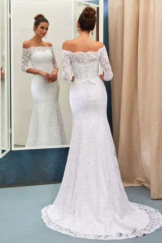 Off-The-Shoulder 3/4-Length Sleeves Lace-Up Mermaid Wedding Dress WD089