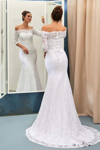 Off-The-Shoulder 3/4-Length Sleeves Lace-Up Mermaid Wedding Dress WD089