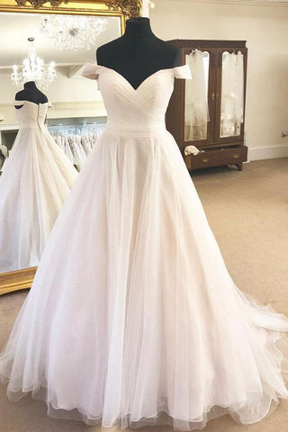 Off the Shoulder A-Line Ivory Wedding Dress with Pleats  WD418