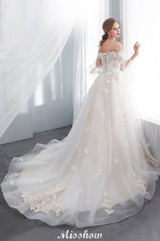 Off-the-shoulder Aline Ball Gown Floor Length Appliques Tulle Wedding Dress