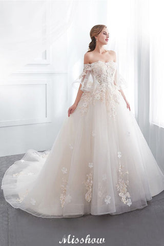 Off-the-shoulder Aline Ball Gown Floor Length Appliques Tulle Wedding Dress