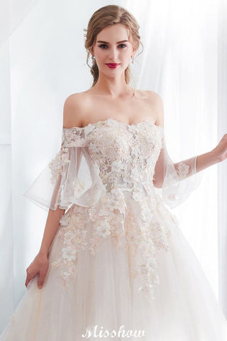 Off-the-shoulder Aline Ball Gown Floor Length Appliques Tulle Wedding Dress