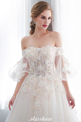 Off-the-shoulder Aline Ball Gown Floor Length Appliques Tulle Wedding Dress