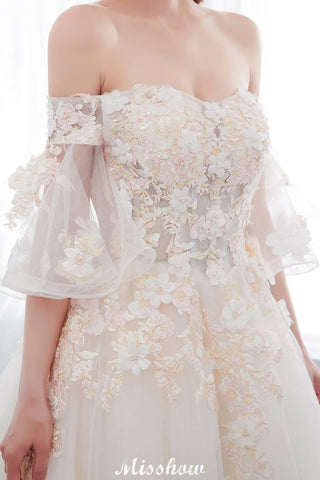 Off-the-shoulder Aline Ball Gown Floor Length Appliques Tulle Wedding Dress