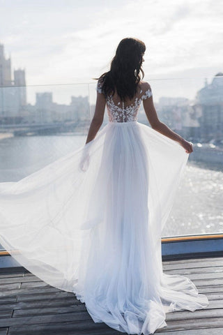 Off The Shoulder Appliques A-line Wedding Dresses | Side Split Tulle Bridal Gowns