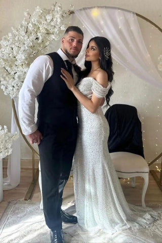 Off the Shoulder Chapel Sequined Floor Length Wedding Dress