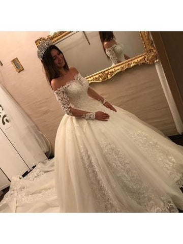 Vestido de novia de gala con hombros descubiertos, mangas largas y apliques WD163