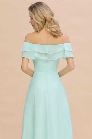 Off the Shoulder Mini-Green Front Slit Bridesmaid Dress Aline Beach Wedding Dress