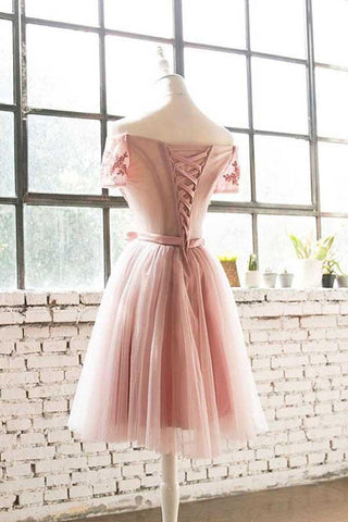 Robe de bal courte en tulle et dentelle rose à épaules dénudées, référence PD200