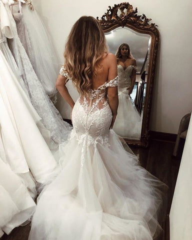 Off the Shoulder Pretty Mermaid Lace Long Tulle Elegant Wedding Dresses