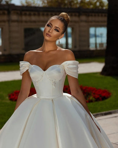 Off-the-Shoulder Sweetheart Ball Gown Satin Sleeveless Garden Bridal Dress