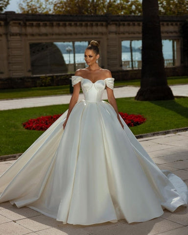 Off-the-Shoulder Sweetheart Ball Gown Satin Sleeveless Garden Bridal Dress