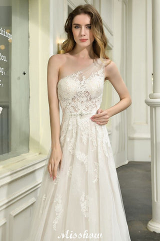 One Shoulder Aline Tulle Wedding Dress Sleeveless Spring Beach Bridal Gown
