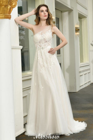 One Shoulder Aline Tulle Wedding Dress Sleeveless Spring Beach Bridal Gown