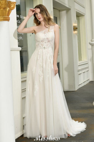 One Shoulder Aline Tulle Wedding Dress Sleeveless Spring Beach Bridal Gown