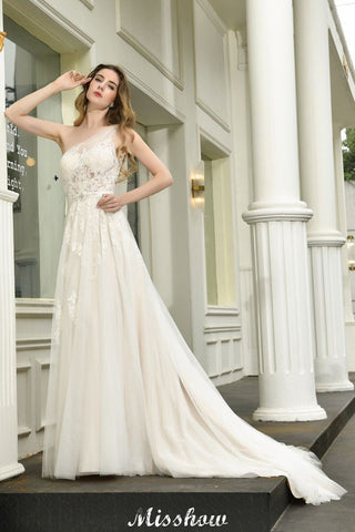 One Shoulder Aline Tulle Wedding Dress Sleeveless Spring Beach Bridal Gown