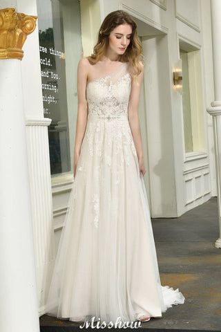 One Shoulder Aline Tulle Wedding Dress Sleeveless Spring Beach Bridal Gown