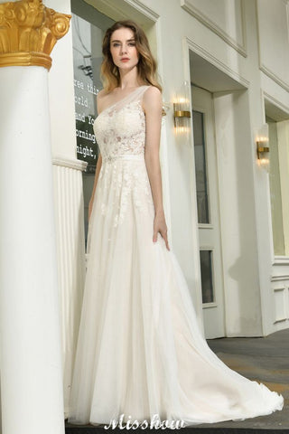 One Shoulder Aline Tulle Wedding Dress Sleeveless Spring Beach Bridal Gown