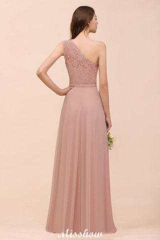 One Shoulder Chiffon Bridesmaid Dress Dusty Pink Wedding Guest Dress for Bride