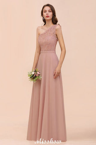 One Shoulder Chiffon Bridesmaid Dress Dusty Pink Wedding Guest Dress for Bride
