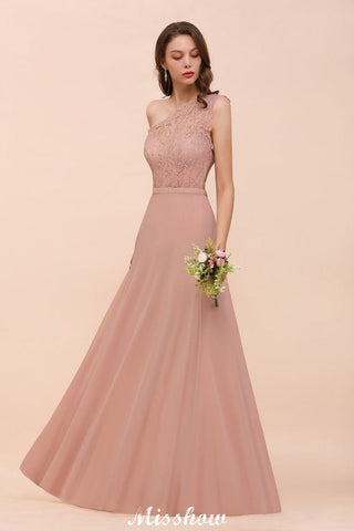 One Shoulder Chiffon Bridesmaid Dress Dusty Pink Wedding Guest Dress for Bride