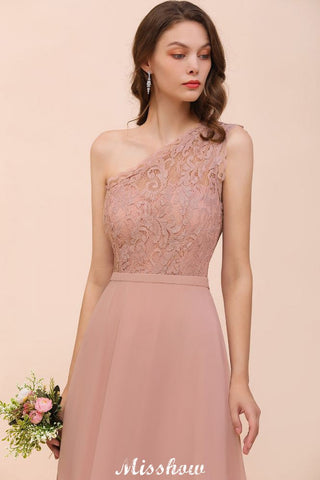 One Shoulder Chiffon Bridesmaid Dress Dusty Pink Wedding Guest Dress for Bride