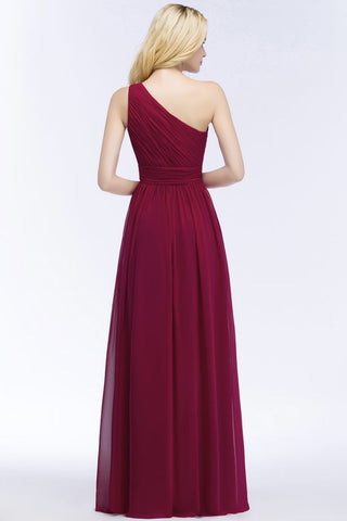 One-shoulder Floor Length Burgundy Ruffled Chiffon A-line Bridesmaid Dresses