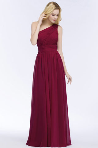 One-shoulder Floor Length Burgundy Ruffled Chiffon A-line Bridesmaid Dresses