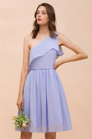 One Shoulder Lavender Mini Bridesmaid Dress Chiffon Knee Length Simple Daily Dress
