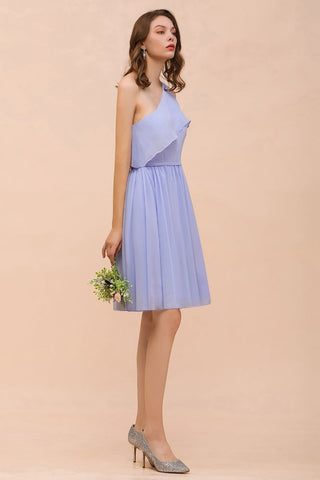 One Shoulder Lavender Mini Bridesmaid Dress Chiffon Knee Length Simple Daily Dress