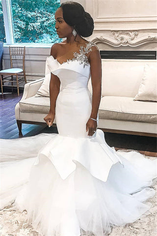One shoulder Mermaid Bridal Wears with Ruffles Train