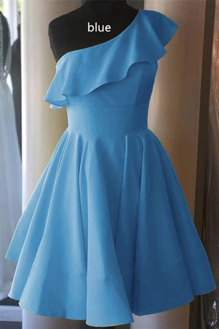 Vestido corto de fiesta amarillo con volantes y un solo hombro, modelo PD342