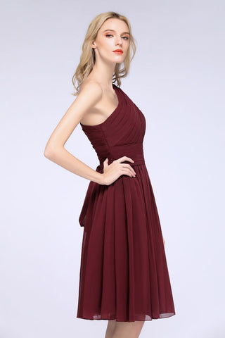 One-Shoulder Sleeveless Knee-Length Bridesmaid Dress with Ruffles Formal Party Dress