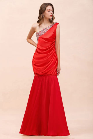 One Shoulder Strech Satin Red Ruffle Bridesmaid Dress Floor Length/Mini Party Dress