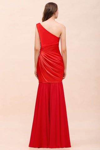 One Shoulder Strech Satin Red Ruffle Bridesmaid Dress Floor Length/Mini Party Dress